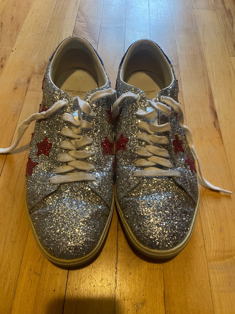 Saint Laurent Glitter Star Sneakers - Silver with Red Stars, Blue trim